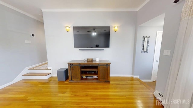 45 Maryknoll Rd, Menlo Park Terrace, NJ 08840 - living room with crown molding, a baseboard heating unit, light wood-type flooring, and baseboards
