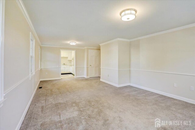 spare room with light colored carpet and ornamental molding