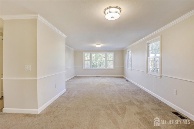 unfurnished room with light carpet and crown molding