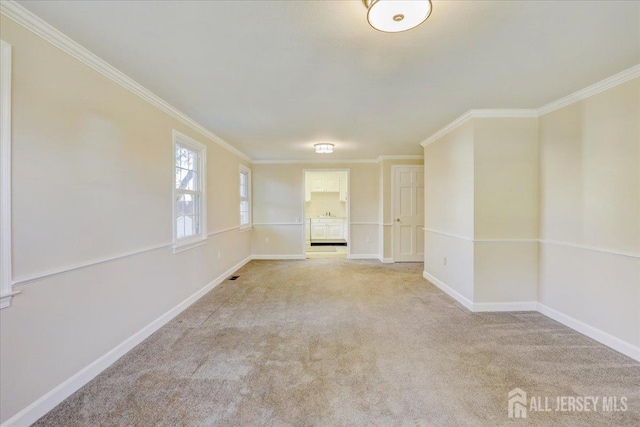 empty room featuring crown molding and light carpet