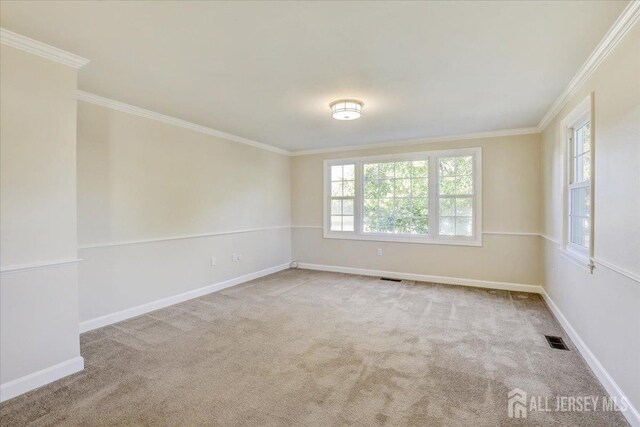 carpeted spare room with ornamental molding