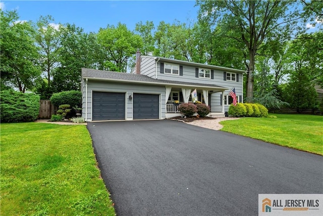 14 Devon Rd, Edison, NJ 08820 - view of front facade featuring a garage, covered porch, driveway, and a chimney