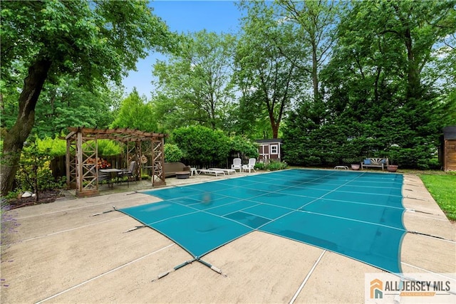 14 Devon Rd, Edison, NJ 08820 - view of swimming pool featuring a pergola, a patio area, a storage shed, and view of scattered trees