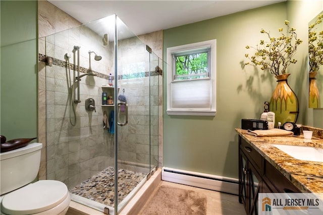 14 Devon Rd, Edison, NJ 08820 - bathroom with baseboard heating, vanity, and a shower stall