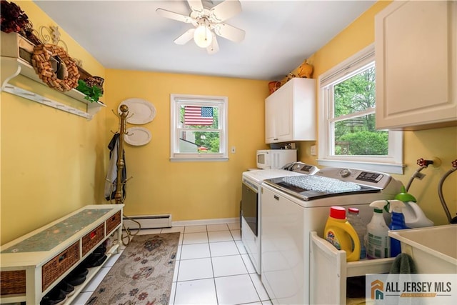 14 Devon Rd, Edison, NJ 08820 - laundry area featuring a baseboard radiator, cabinet space, washing machine and clothes dryer, light tile patterned floors, and a ceiling fan