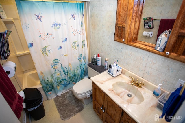 22 Woodcrest Dr, Old Bridge, NJ 08857 - full bathroom featuring vanity, decorative backsplash, tile walls, and shower / bath combo with shower curtain