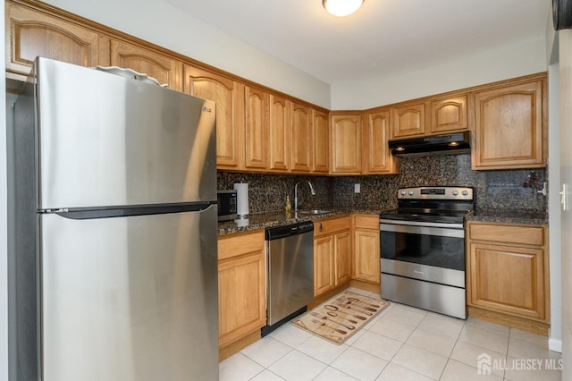 kitchen with appliances with stainless steel finishes, decorative backsplash, a sink, and under cabinet range hood