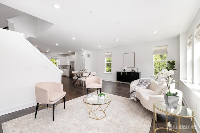 1617 Swales Ct, Monroe, NJ 08831 - living area featuring recessed lighting, stairs, dark wood-style flooring, and baseboards
