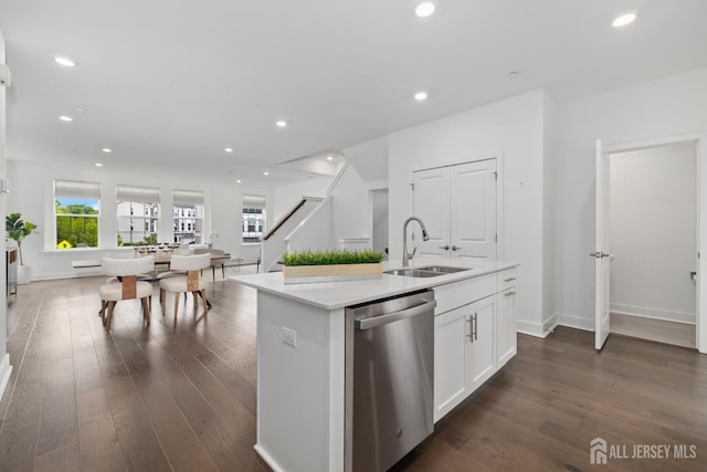 1617 Swales Ct, Monroe, NJ 08831 - kitchen featuring dishwasher, a sink, dark wood-style flooring, recessed lighting, and white cabinets