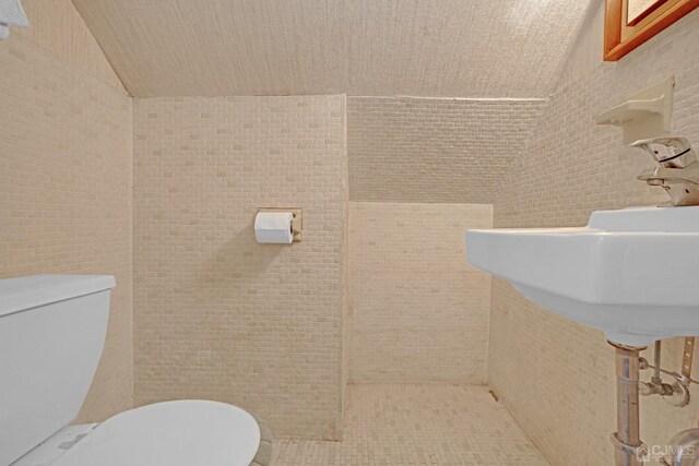 bathroom with toilet and lofted ceiling