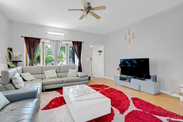 living room with hardwood / wood-style flooring and ceiling fan