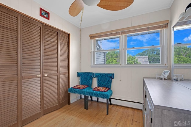 living area featuring light hardwood / wood-style floors, plenty of natural light, and ceiling fan