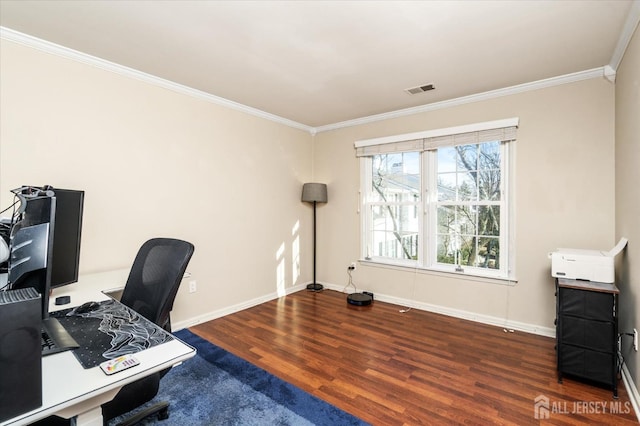 office area featuring dark hardwood / wood-style flooring and crown molding