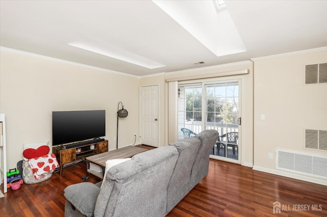 living room featuring dark hardwood / wood-style flooring, crown molding, and a skylight