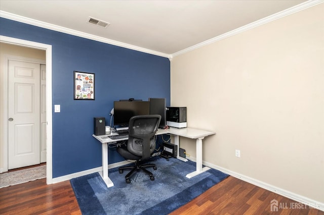 home office featuring crown molding and dark wood-type flooring