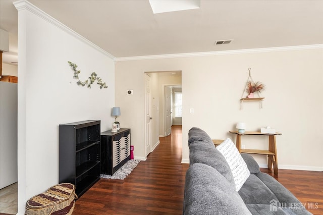 living room with ornamental molding and dark hardwood / wood-style floors