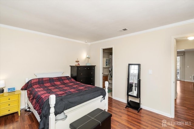 bedroom featuring ornamental molding and dark hardwood / wood-style flooring