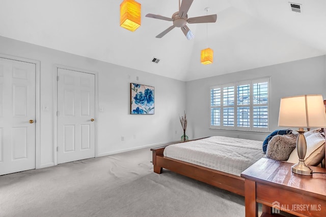 57 Cortland Dr N, East Brunswick, NJ 08816 - carpeted bedroom with baseboards, visible vents, a ceiling fan, and high vaulted ceiling