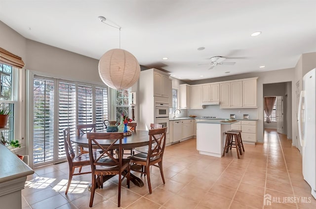 57 Cortland Dr N, East Brunswick, NJ 08816 - dining area featuring ceiling fan, light tile patterned floors, and recessed lighting