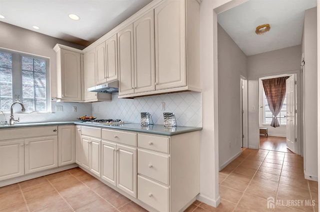 57 Cortland Dr N, East Brunswick, NJ 08816 - kitchen with under cabinet range hood, tasteful backsplash, light tile patterned flooring, and a sink