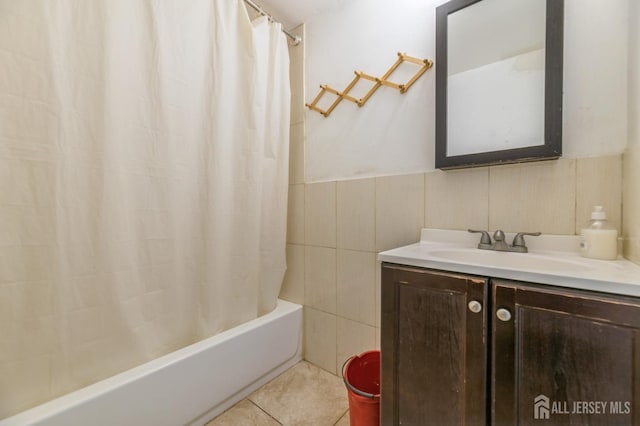 185 Redmond St, New Brunswick, NJ 08901 - bathroom with vanity, shower / tub combo with curtain, tile patterned floors, and wainscoting