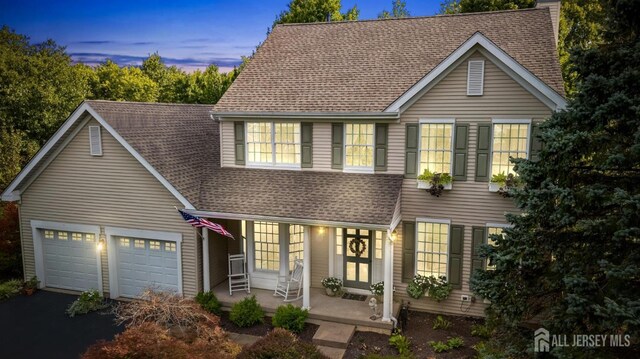 view of front facade featuring a garage, driveway, a chimney, and a shingled roof