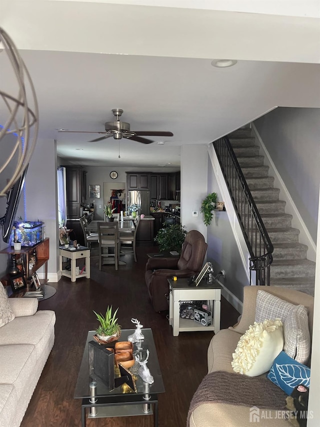 205 Water St, Perth Amboy, NJ 08861 - living room with stairway, a ceiling fan, and wood finished floors