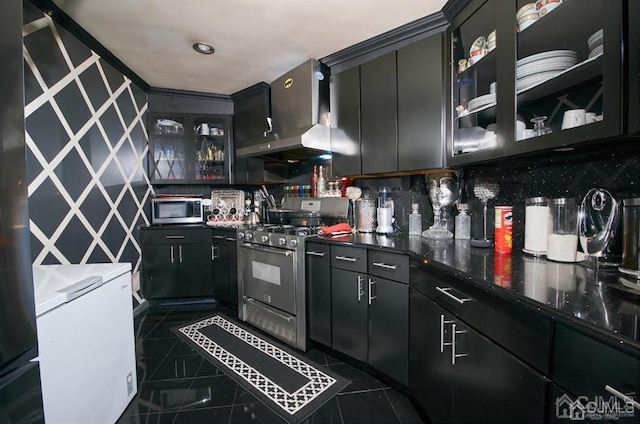 kitchen featuring appliances with stainless steel finishes, dark cabinetry, dark tile patterned flooring, under cabinet range hood, and glass insert cabinets