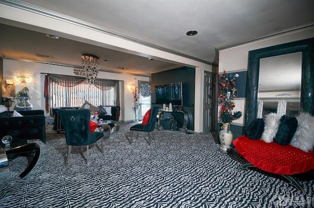 interior space featuring ornamental molding and a chandelier