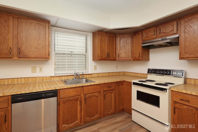 123-G Concordia Cir Unit G, Monroe, NJ 08831 - kitchen featuring stainless steel dishwasher, white electric stove, under cabinet range hood, light countertops, and light wood-type flooring