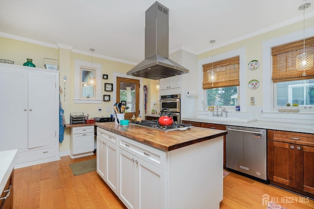 322 2nd St, Middlesex, NJ 08812 - kitchen with appliances with stainless steel finishes, island range hood, wood counters, light wood-type flooring, and crown molding