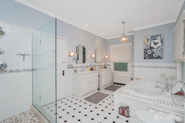 322 2nd St, Middlesex, NJ 08812 - full bathroom featuring a stall shower, a bath, vanity, ornamental molding, and tile walls