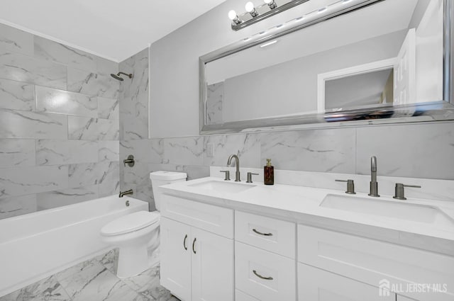 176 Easy St, Edison, NJ 08817 - bathroom with double vanity, tile walls, marble finish flooring, shower / bath combination, and toilet