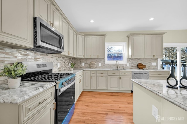 176 Easy St, Edison, NJ 08817 - kitchen featuring appliances with stainless steel finishes, healthy amount of natural light, light wood-style floors, light stone countertops, and recessed lighting