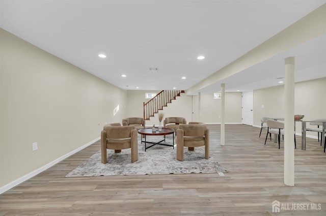 176 Easy St, Edison, NJ 08817 - living room featuring light wood finished floors, stairway, baseboards, and recessed lighting