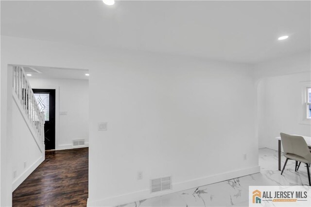 99 Crestview Rd, Fords, NJ 08863 - unfurnished room with stairway, baseboards, recessed lighting, and marble finish floors