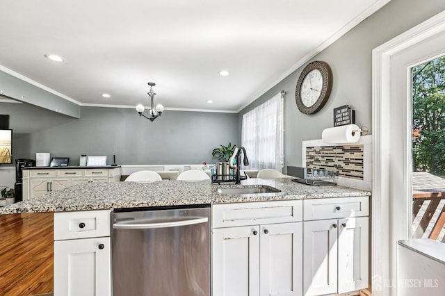16 Kerschner Ln, East Brunswick, NJ 08816 - kitchen featuring dishwasher, white cabinets, a chandelier, light stone countertops, and recessed lighting