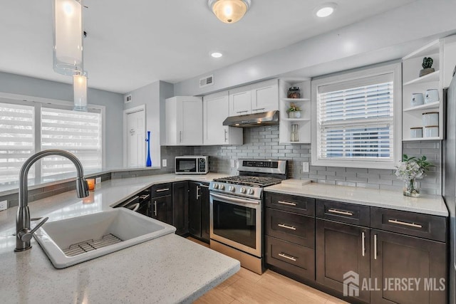904 4th St, Union Beach, NJ 07735 - kitchen featuring a sink, open shelves, white cabinets, under cabinet range hood, and appliances with stainless steel finishes
