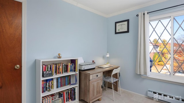 office area featuring crown molding, light colored carpet, and baseboard heating