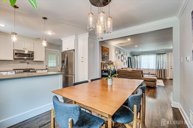 24 Turner Ct, Metuchen, NJ 08840 - dining space with crown molding, dark wood finished floors, and recessed lighting