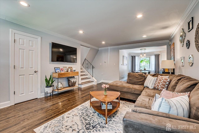 24 Turner Ct, Metuchen, NJ 08840 - living room featuring stairway, wood finished floors, recessed lighting, and crown molding