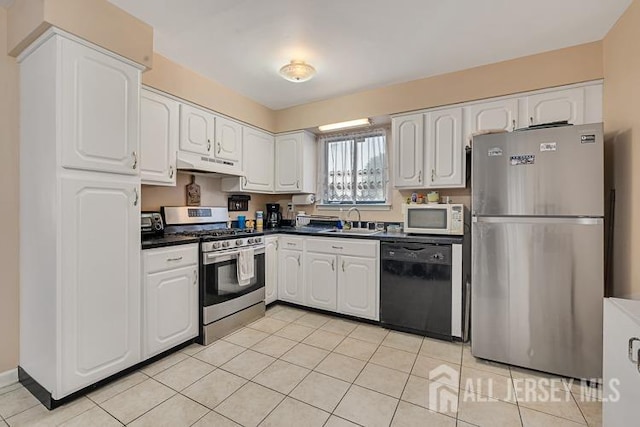 39 Gary Ct, South Brunswick, NJ 08810 - kitchen featuring appliances with stainless steel finishes, under cabinet range hood, white cabinetry, a sink, and dark countertops