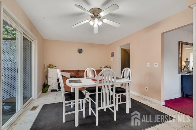39 Gary Ct, South Brunswick, NJ 08810 - dining room featuring light tile patterned floors, a ceiling fan, and baseboards