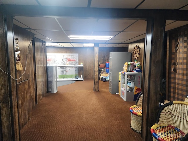 74 Probasco Rd, East Windsor, NJ 08520 - finished basement featuring carpet, a drop ceiling, and wood walls