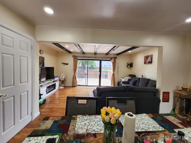 74 Probasco Rd, East Windsor, NJ 08520 - living area featuring wood finished floors, beamed ceiling, and recessed lighting