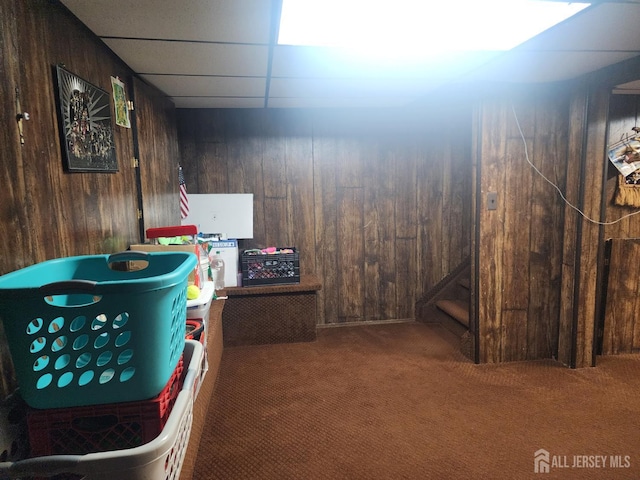74 Probasco Rd, East Windsor, NJ 08520 - basement with carpet, wooden walls, and a drop ceiling