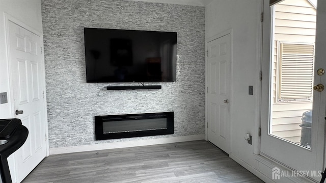 interior details with baseboards, a stone fireplace, and wood finished floors
