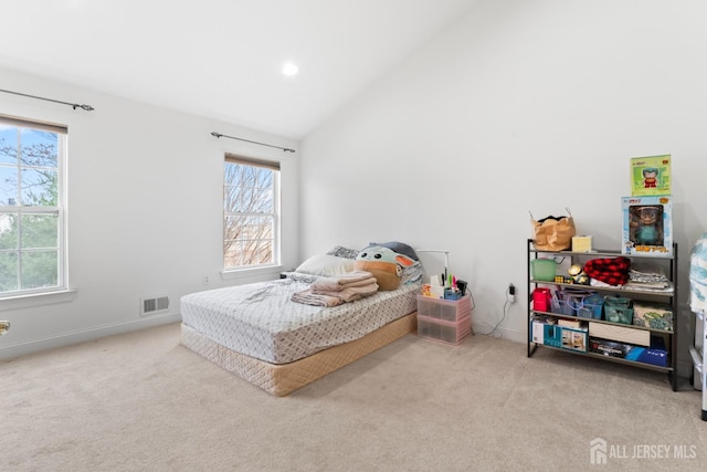 bedroom featuring visible vents, recessed lighting, high vaulted ceiling, and carpet floors