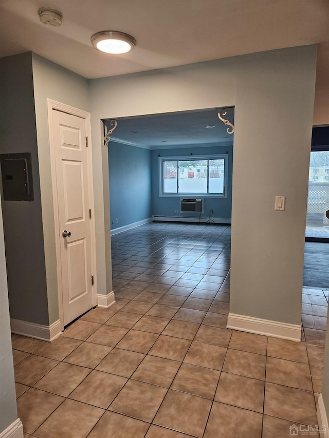 corridor with electric panel, light tile patterned floors, baseboards, and a wall mounted AC