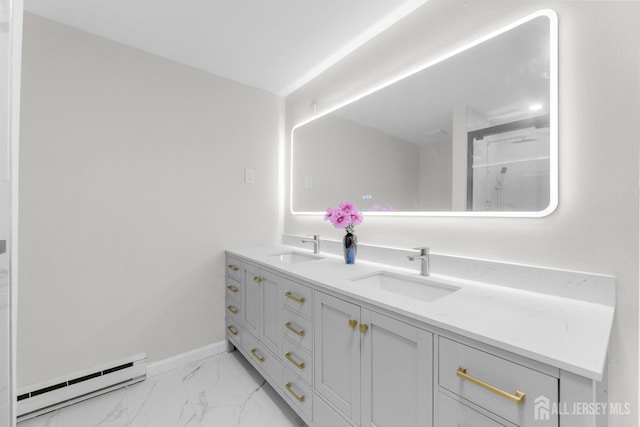 381-C Old Nassau Rd, Monroe, NJ 08831 - full bath with baseboard heating, double vanity, and marble look tile flooring